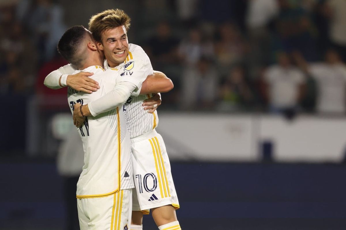 Jul 7, 2024; Carson, California, USA; Los Angeles Galaxy forward Gabriel Pec (11) celebrates goal with Los Angeles Galaxy midfielder Riqui Puig (10) in the second half against the Minnesota United  at Dignity Health Sports Park. Mandatory Credit: Kiyoshi Mio-USA TODAY Sports