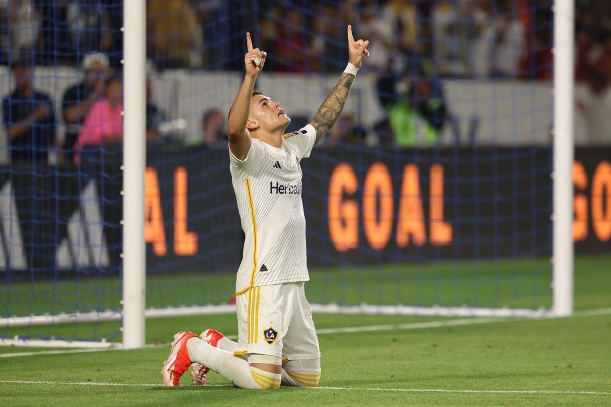 Jul 7, 2024; Carson, California, USA; Los Angeles Galaxy forward Gabriel Pec (11) celebrates goal in the second half against the Minnesota United  at Dignity Health Sports Park. Mandatory Credit: Kiyoshi Mio-USA TODAY Sports