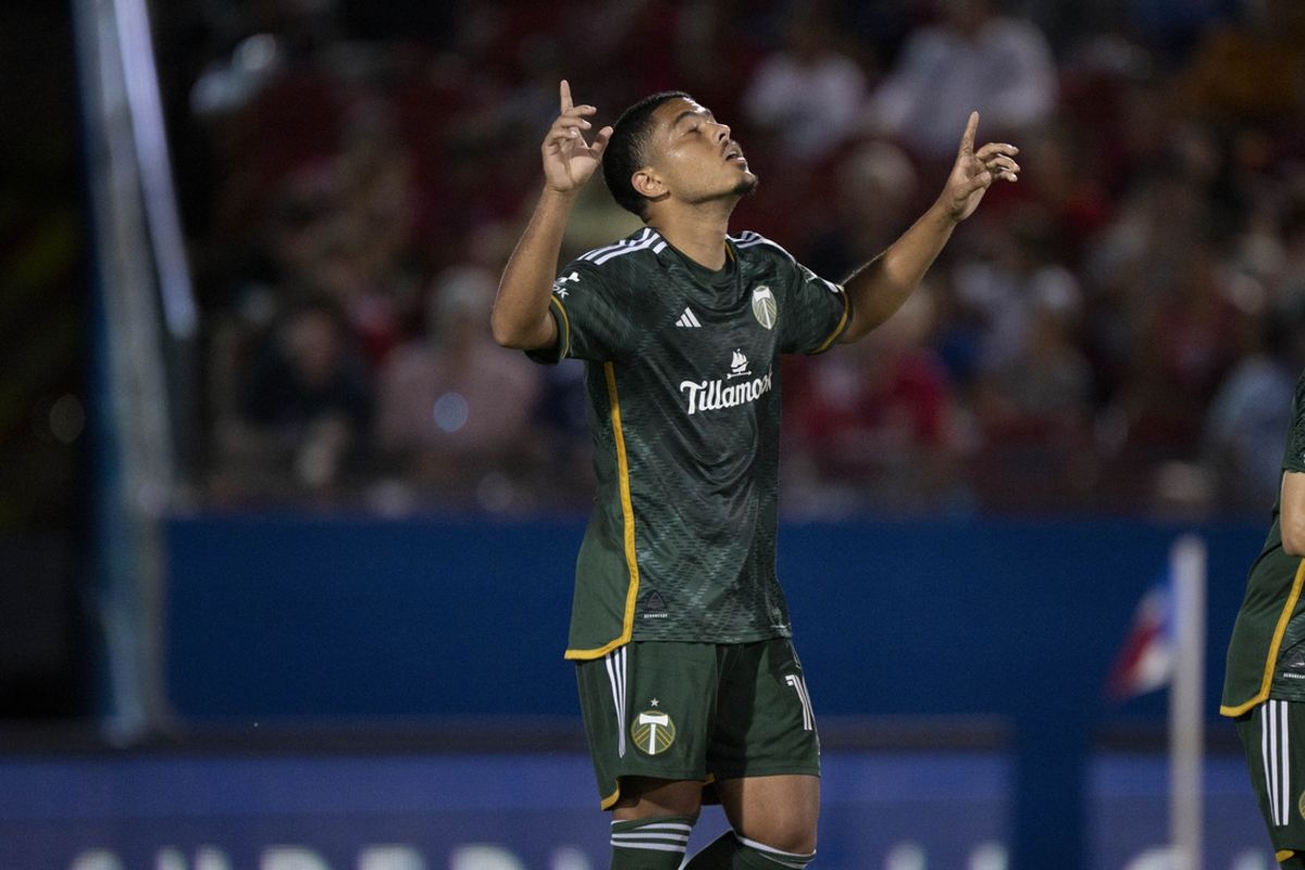 Jul 4, 2024; Frisco, Texas, USA; Portland Timbers midfielder Evander (10) celebrates after scoring a goal during the game between FC Dallas and the Portland Timbers at Toyota Stadium. Mandatory Credit: Jerome Miron-Imagn Images