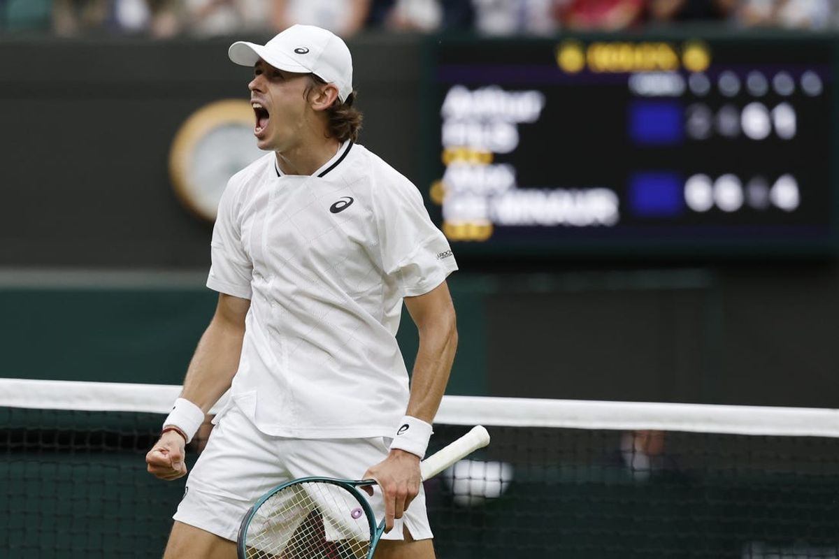 Jul 8, 2024; London, United Kingdom; Alex de Minaur (AUS) reacts after winning a game against Arthur Fils (FRA)(not pictured) in a gentlemen's singles match on day eight of The Championships Wimbledon 2024 at The All England Lawn Tennis Club. Mandatory Credit: Geoff Burke-USA TODAY Sports