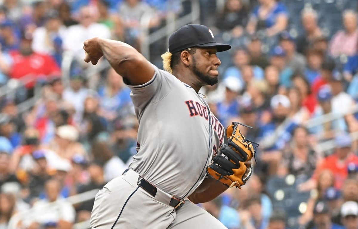 Jul 3, 2024; Toronto, Ontario, CAN; Houston Astros starting pitcher Ronel Blanco (56) pitches against the Toronto Blue Jays at Rogers Centre. Mandatory Credit: Gerry Angus-USA TODAY Sports