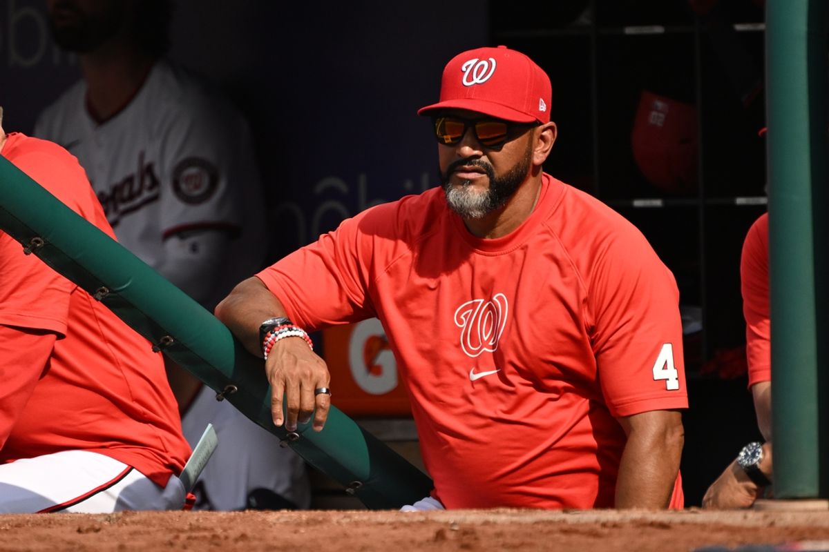 Jul 8, 2024; Washington, District of Columbia, USA; Washington Nationals manager Dave Martinez (4) watches from the dugout against the St. Louis Cardinals during the fifth inning at Nationals Park. Mandatory Credit: Rafael Suanes-USA TODAY Sports