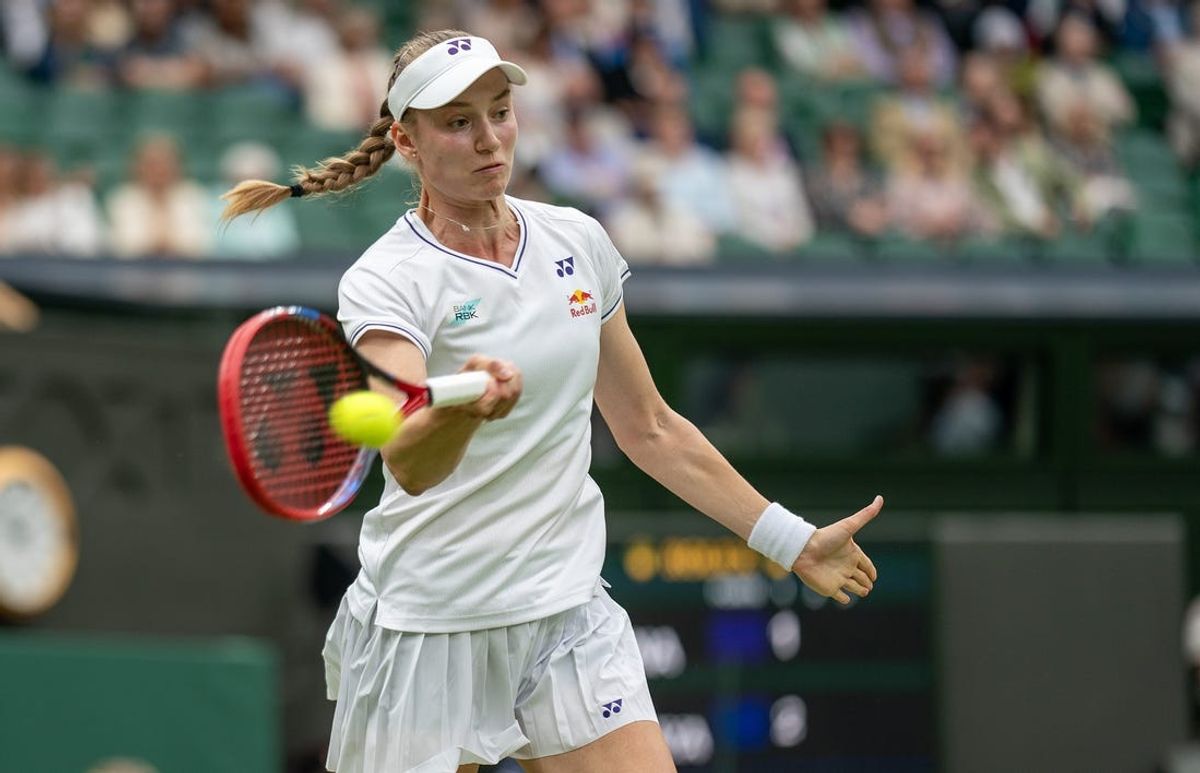 Jul 8, 2024; London,United Kingdom; Elena Rybakina of Kazakhstan returns a shot during her match against Anna Kalinskaya (not shown) on day eight of The Championships at All England Lawn Tennis and Croquet Club. Mandatory Credit: Susan Mullane-USA TODAY Sports