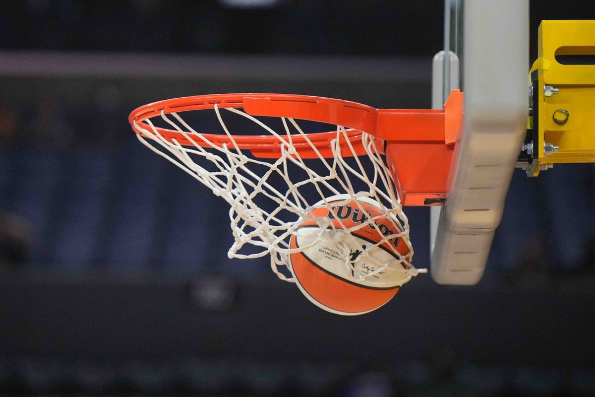 Jul 7, 2024; Los Angeles, California, USA; A Wilson official WNBA Evo NXT basketball approaches the net and rim at the Crypto.com Arena. Mandatory Credit: Kirby Lee-USA TODAY Sports