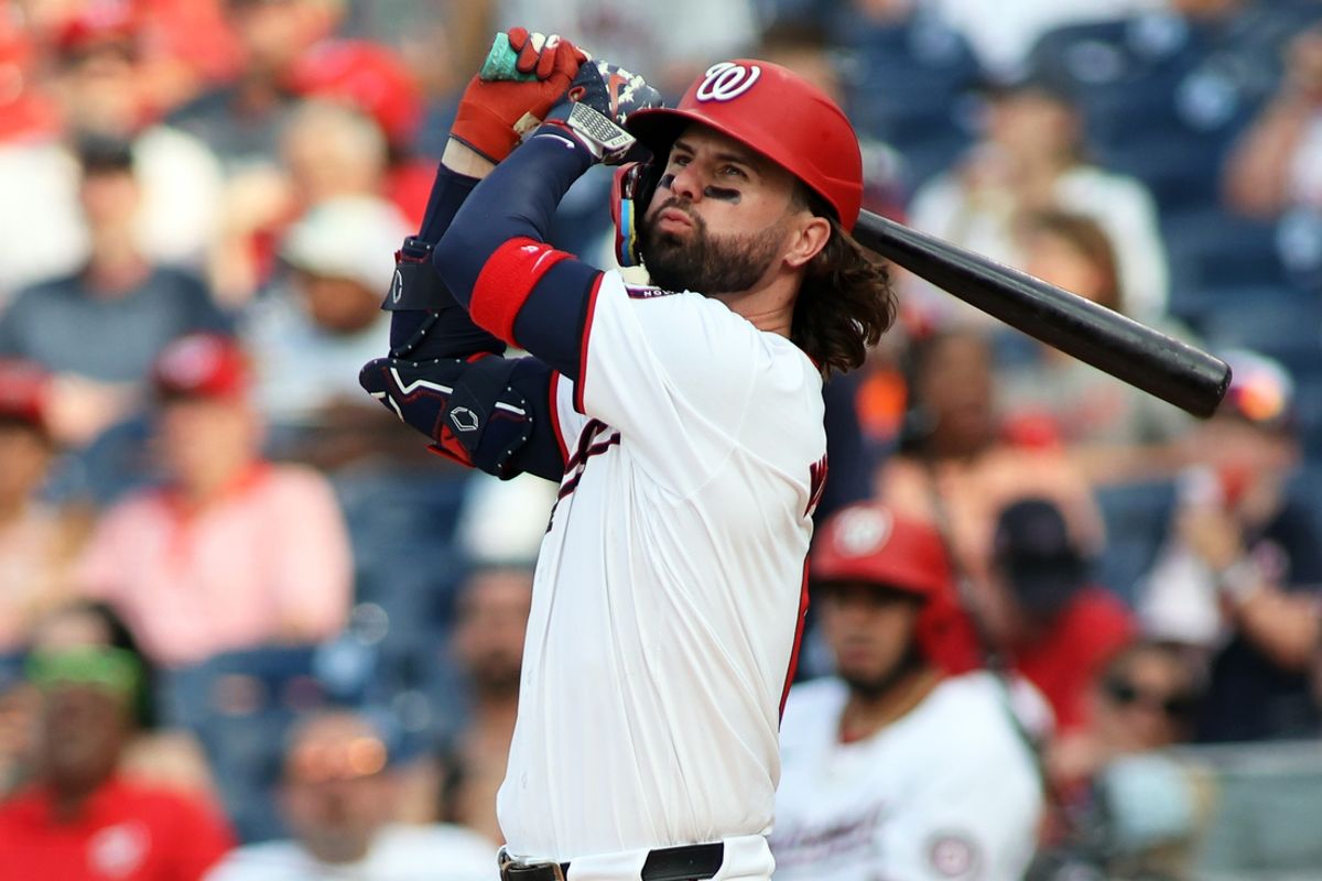 Jun 16, 2024; Washington, District of Columbia, USA; Washington Nationals outfielder Jesse Winker (6) grounds out during the seventh inning against the St. Louis Cardinals at Nationals Park. Mandatory Credit: Daniel Kucin Jr.-USA TODAY Sports
