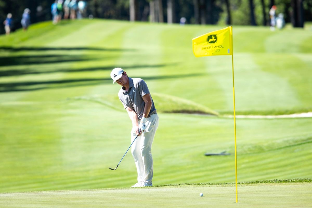 Jul 5, 2024; Silvis, Illinois, USA; Nick Dunlap chips on to the 17th green during the second round of the John Deere Classic golf tournament. Mandatory Credit: Joseph Cress-USA TODAY Sports
