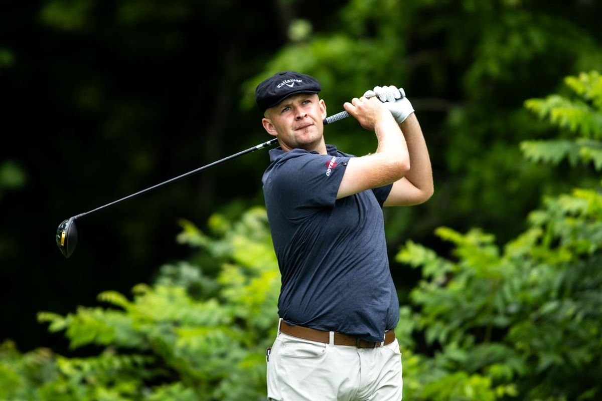 Jul 7, 2024; Silvis, Illinois, USA; Harry Hall hits his tee shot on the second hole during the final round of the John Deere Classic golf tournament. Mandatory Credit: Joseph Cress-USA TODAY Sports