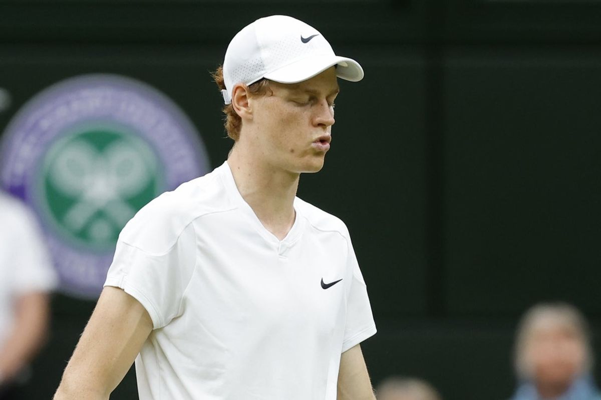 Jul 9, 2024; London, United Kingdom; Jannik Sinner (ITA) reacts after winning the fourth set against Daniil Medvedev (not pictured) in a gentlemen's singles quarter-final match on day nine of The Championships Wimbledon 2024 at The All England Lawn Tennis Club. Mandatory Credit: Geoff Burke-Imagn Images