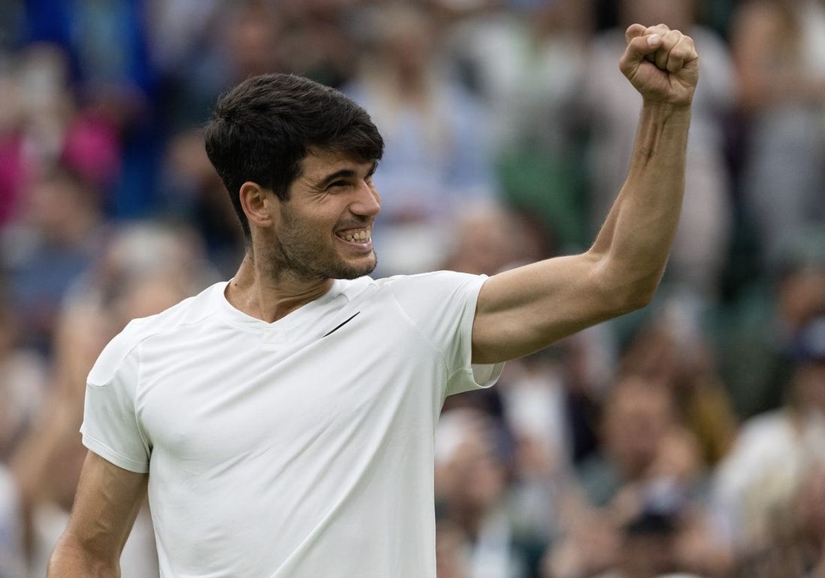 Jul 9, 2024; London,United Kingdom; Carlos Alcaraz of Spain celebrates winning his match against Tommy Paul of the United States (not shown) on day nine of The Championships at All England Lawn Tennis and Croquet Club. Mandatory Credit: Susan Mullane-USA TODAY Sports