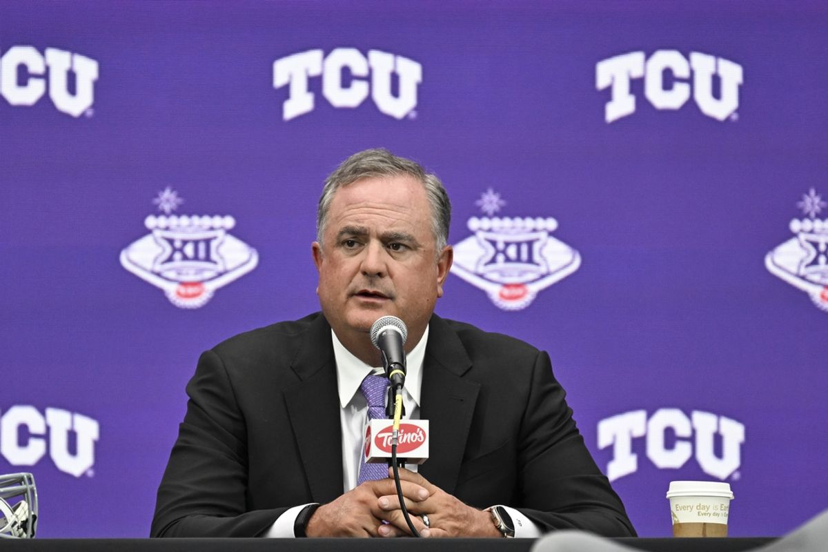 Jul 9, 2024; Las Vegas, NV, USA; TCU Horned Frogs head coach Sonny Dykes speaks to the media during the Big 12 Media Days at Allegiant Stadium. Mandatory Credit: Candice Ward-USA TODAY Sports