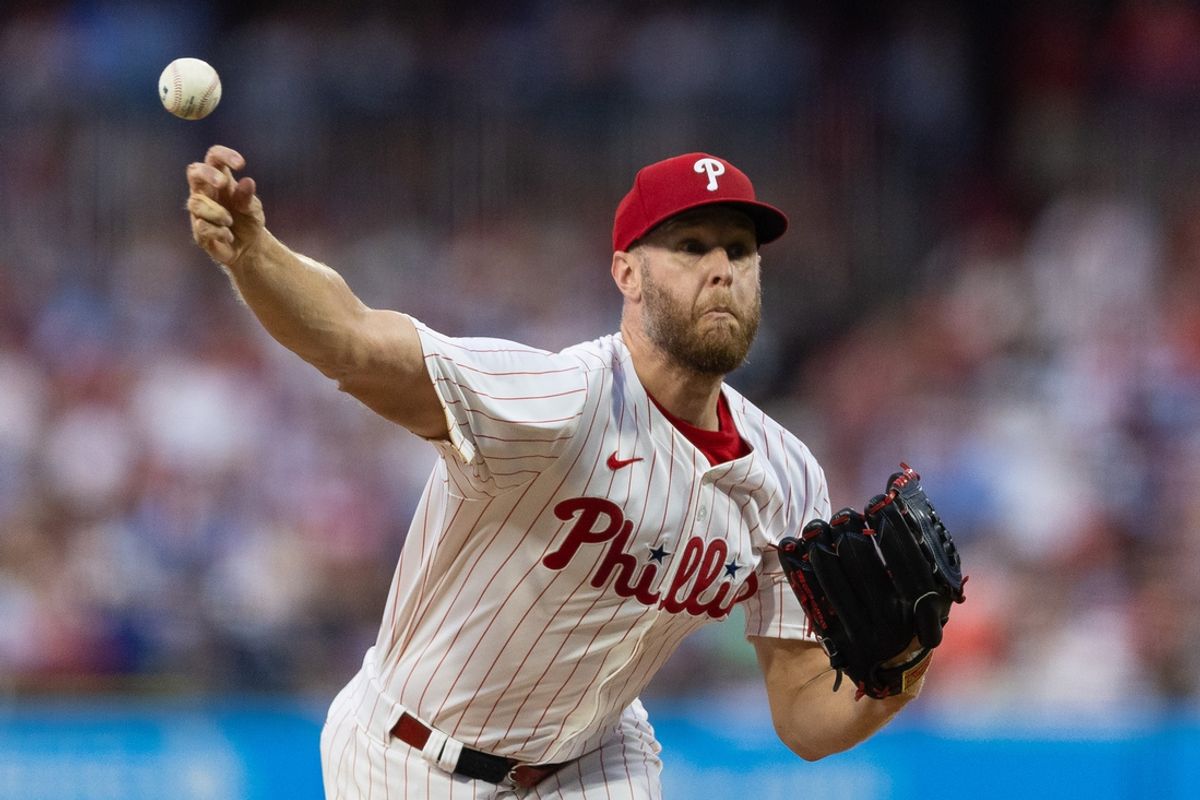 Jul 9, 2024; Philadelphia, Pennsylvania, USA; Philadelphia Phillies pitcher Zack Wheeler (45) throws a pitch during the fifth inning against the Los Angeles Dodgers at Citizens Bank Park. Mandatory Credit: Bill Streicher-USA TODAY Sports