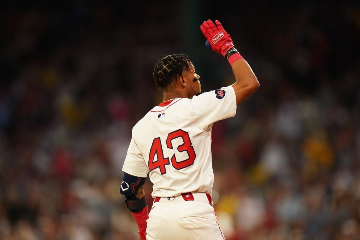 Jul 9, 2024; Boston, Massachusetts, USA; Boston Red Sox shortstop Ceddanne Rafaela (43) reacts after hitting a triple to drive in a run against the Oakland Athletics in the second inning at Fenway Park. Mandatory Credit: David Butler II-USA TODAY Sports