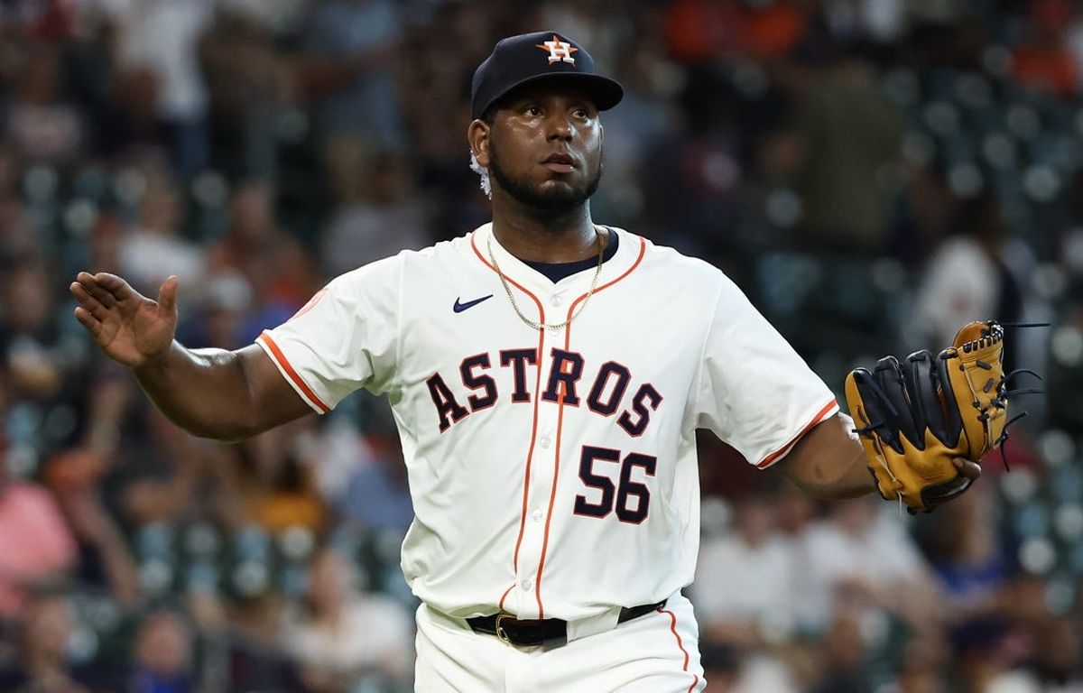 Jul 9, 2024; Houston, Texas, USA; Houston Astros starting pitcher Ronel Blanco (56) reacts after getting out of the top of the first inning against the Miami Marlins at Minute Maid Park. Mandatory Credit: Thomas Shea-USA TODAY Sports