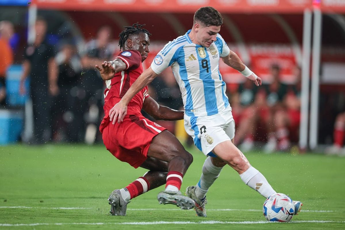 Jul 9, 2024; East Rutherford, NJ, USA; Argentina forward Julian Alvarez (9) plays the ball against Argentina forward Nicolas Gonzalez (15) during the first half at Metlife Stadium. Mandatory Credit: Vincent Carchietta-USA TODAY Sports