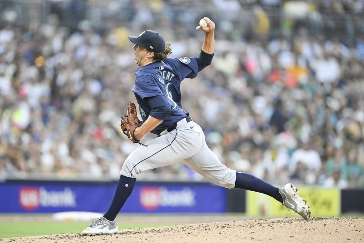 July 9, 2024; San Diego, California, USA; Seattle Mariners starting pitcher Logan Gilbert (36) pitches during the third inning against the San Diego Padres at Petco Park. Mandatory Credit: Denis Poroy-USA TODAY Sports at Petco Park.