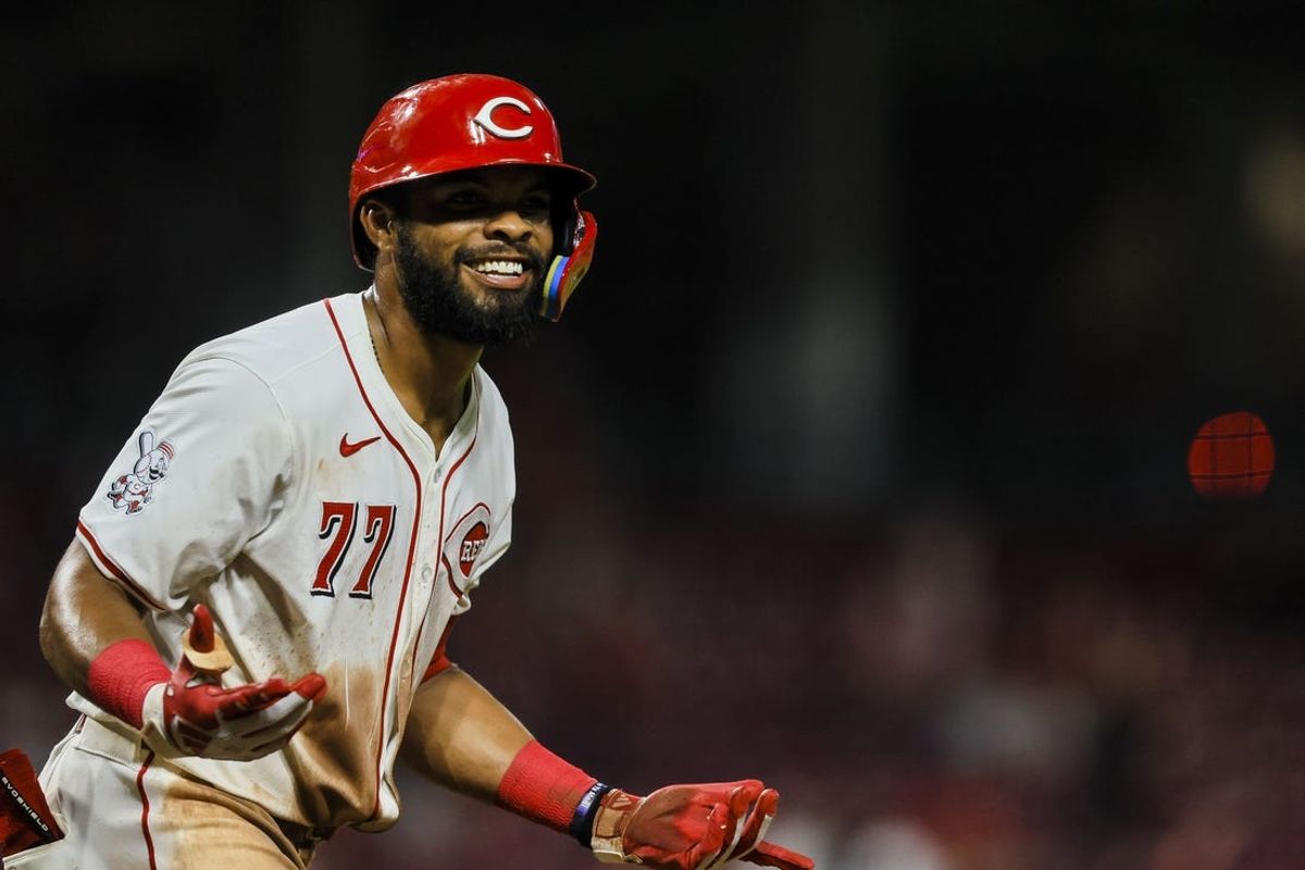 Jul 9, 2024; Cincinnati, Ohio, USA; Cincinnati Reds outfielder Rece Hinds (77) reacts after hitting a solo home run in the seventh inning against the Colorado Rockies at Great American Ball Park. Mandatory Credit: Katie Stratman-USA TODAY Sports