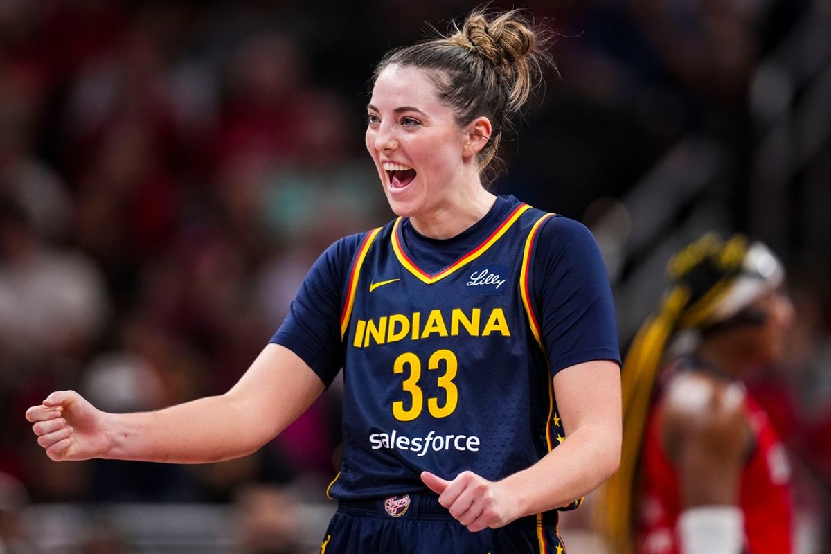 Indiana Fever forward Katie Lou Samuelson (33) cheers Wednesday, July 10, 2024, during the game at Gainbridge Fieldhouse in Indianapolis.