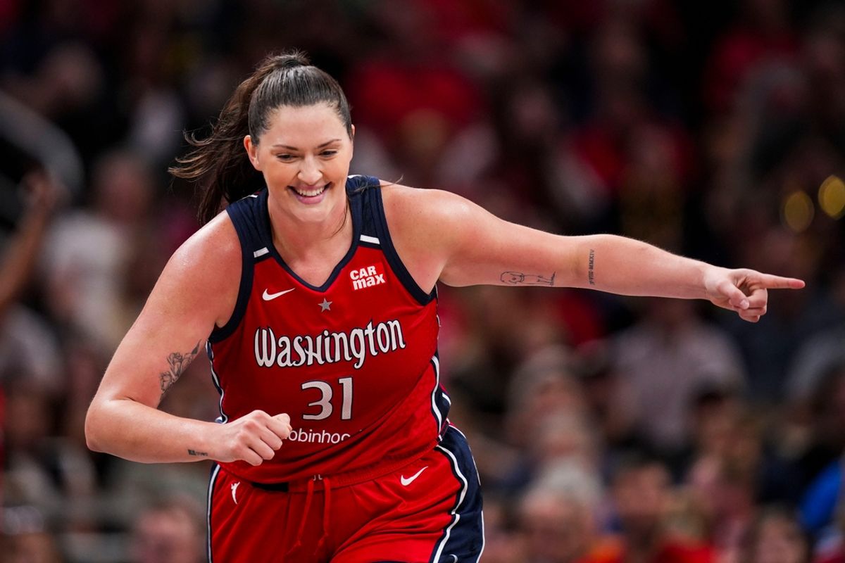 Washington Mystics center Stefanie Dolson (31) celebrates Wednesday, July 10, 2024, during the game at Gainbridge Fieldhouse in Indianapolis. The Mystics defeated the Fever, 89-84.