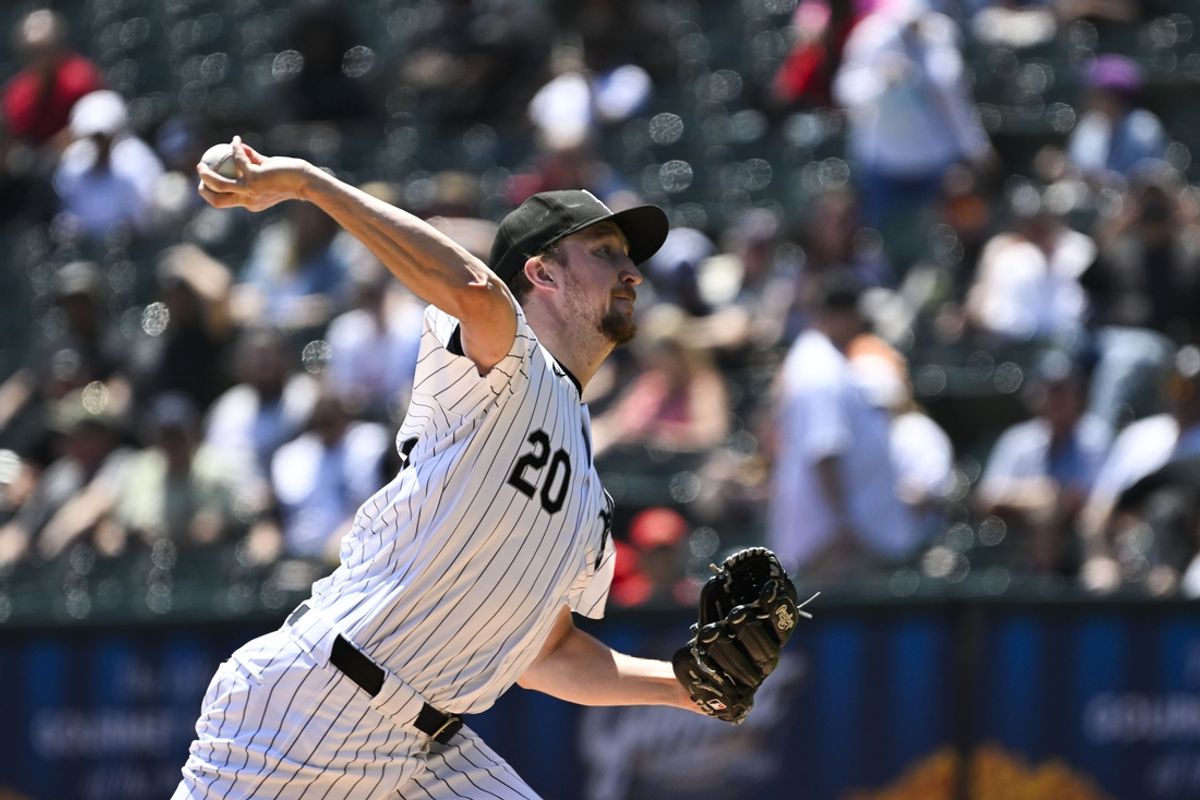 Jul 10, 2024; Chicago, Illinois, USA;  Chicago White Sox pitcher Erick Fedde (20) delivers during the first inning against the Minnesota Twins at Guaranteed Rate Field. Mandatory Credit: Matt Marton-USA TODAY Sports