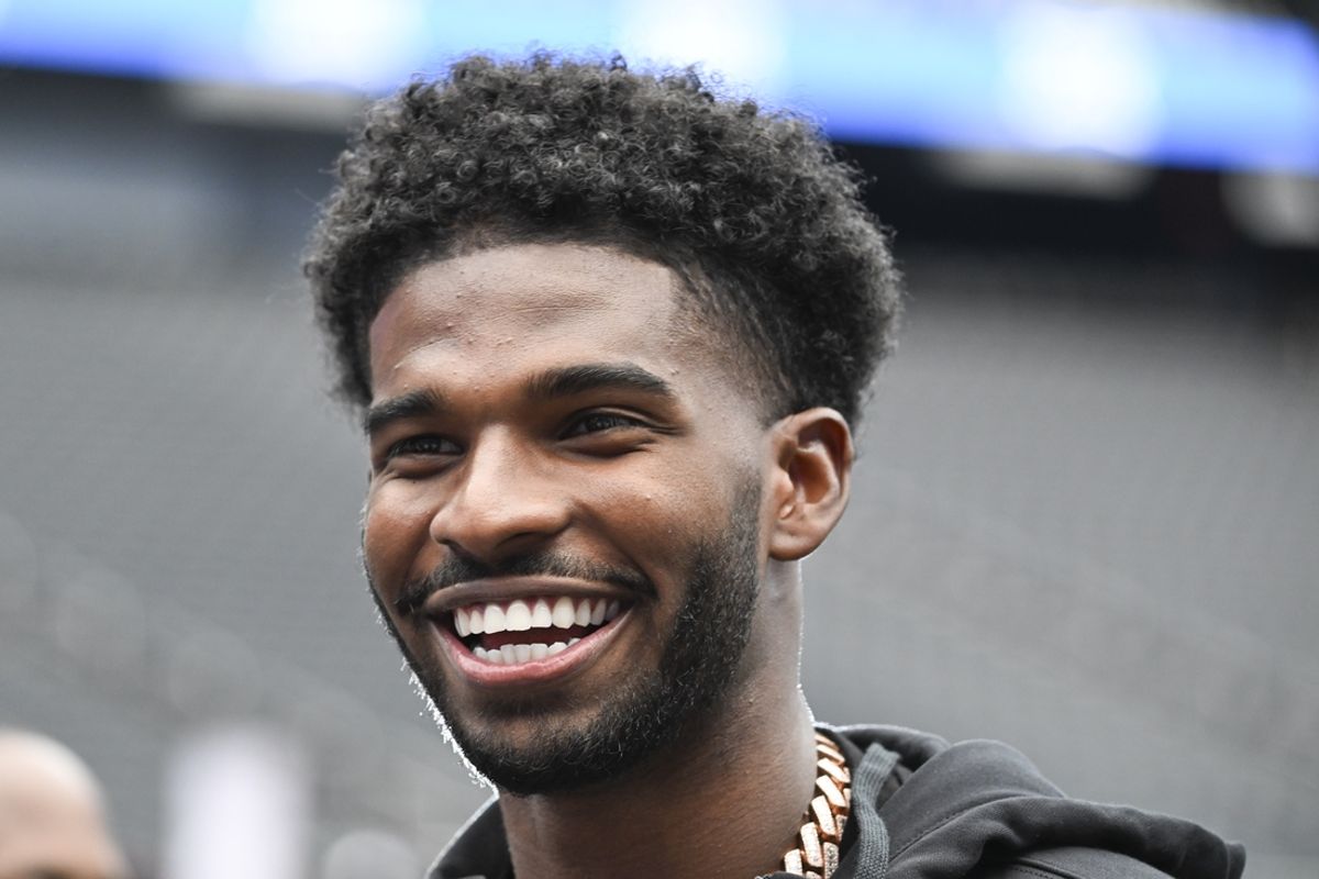 Jul 10, 2024; Las Vegas, NV, USA; Colorado Buffaloes quarterback Shedeur Sanders speaks to the media during the Big 12 Media Days at Allegiant Stadium. Mandatory Credit: Candice Ward-Imagn Images
