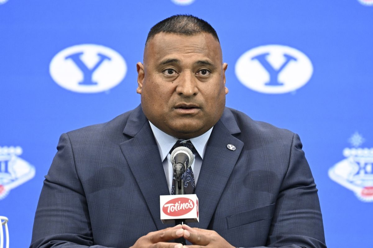 Jul 10, 2024; Las Vegas, NV, USA; BYU Cougars head coach Kalani Sitake speaks to the media during the Big 12 Media Days at Allegiant Stadium. Mandatory Credit: Candice Ward-USA TODAY Sports