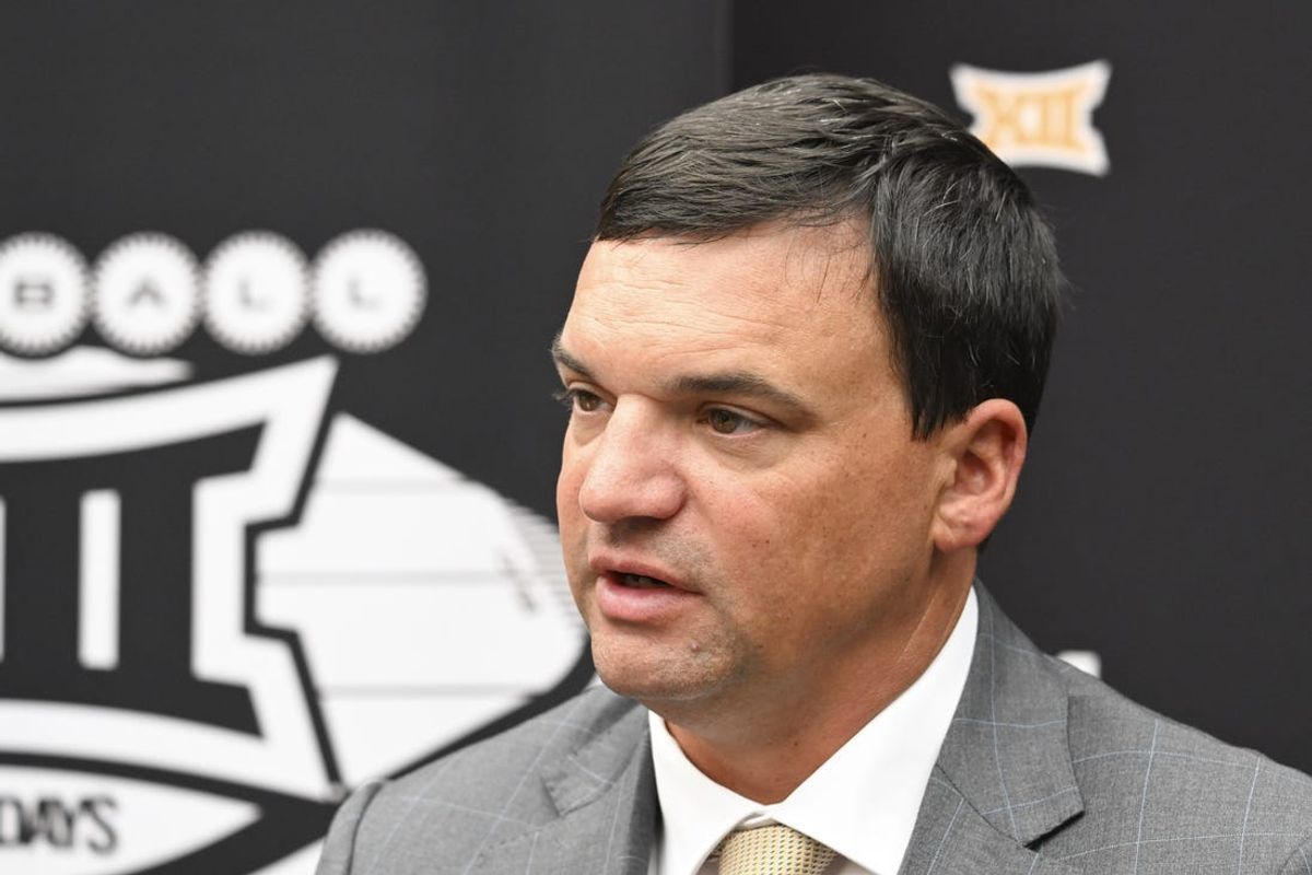 Jul 10, 2024; Las Vegas, NV, USA; West Virginia Mountaineers head coach Neal Brown speaks to the media during the Big 12 Media Days at Allegiant Stadium. Mandatory Credit: Candice Ward-USA TODAY Sports