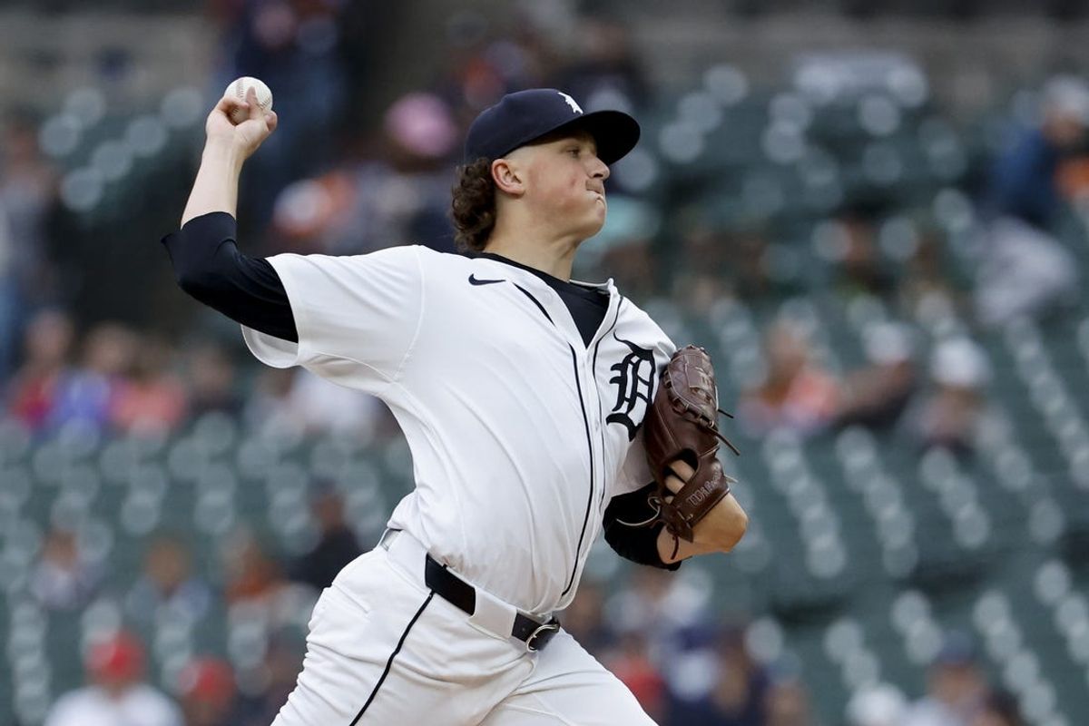 Jul 10, 2024; Detroit, Michigan, USA;  Detroit Tigers pitcher Reese Olson (45) pitches in the first inning against the Cleveland Guardians at Comerica Park. Mandatory Credit: Rick Osentoski-USA TODAY Sports