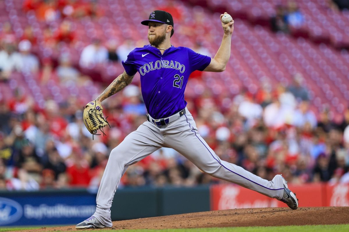 Jul 10, 2024; Cincinnati, Ohio, USA; Colorado Rockies starting pitcher Kyle Freeland (21) pitches against the Cincinnati Reds in the first inning at Great American Ball Park. Mandatory Credit: Katie Stratman-USA TODAY Sports