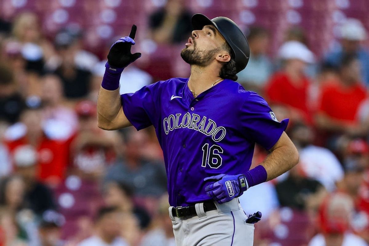 Jul 10, 2024; Cincinnati, Ohio, USA; Colorado Rockies outfielder Sam Hilliard (16) reacts after hitting a two-run home run in the third inning against the Cincinnati Reds at Great American Ball Park. Mandatory Credit: Katie Stratman-USA TODAY Sports