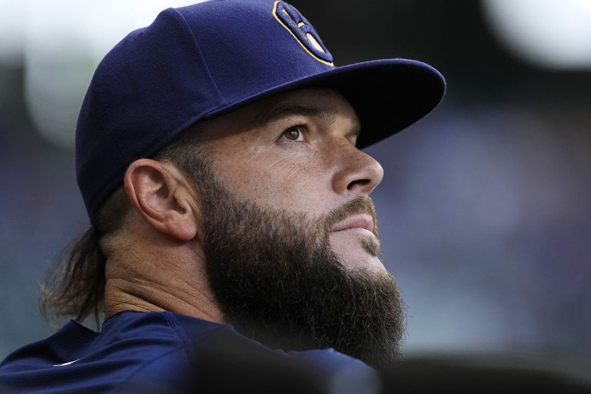 Jul 10, 2024; Milwaukee, Wisconsin, USA;  Milwaukee Brewers pitcher Dallas Keuchel (60) looks on during the first inning against the Pittsburgh Pirates at American Family Field. Mandatory Credit: Jeff Hanisch-USA TODAY Sports