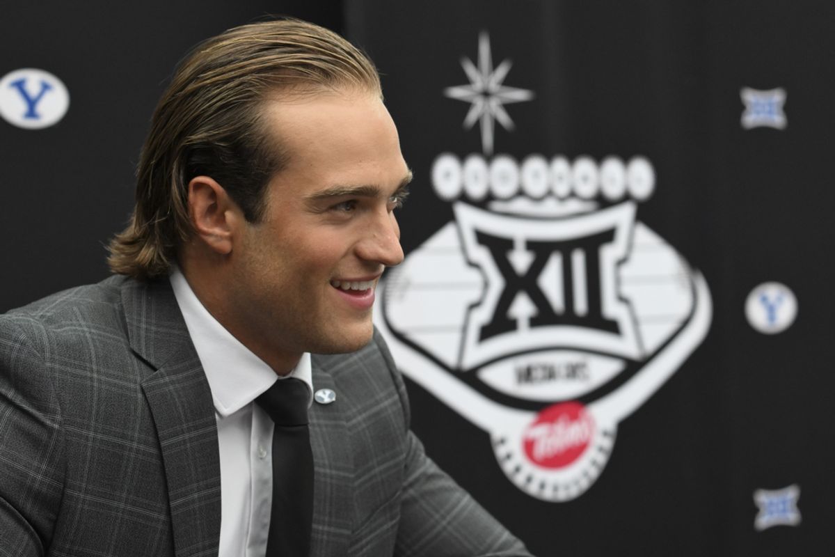 Jul 10, 2024; Las Vegas, NV, USA; BYU Cougars wide receiver Chase Roberts speaks to the media during the Big 12 Media Days at Allegiant Stadium. Mandatory Credit: Candice Ward-USA TODAY Sports