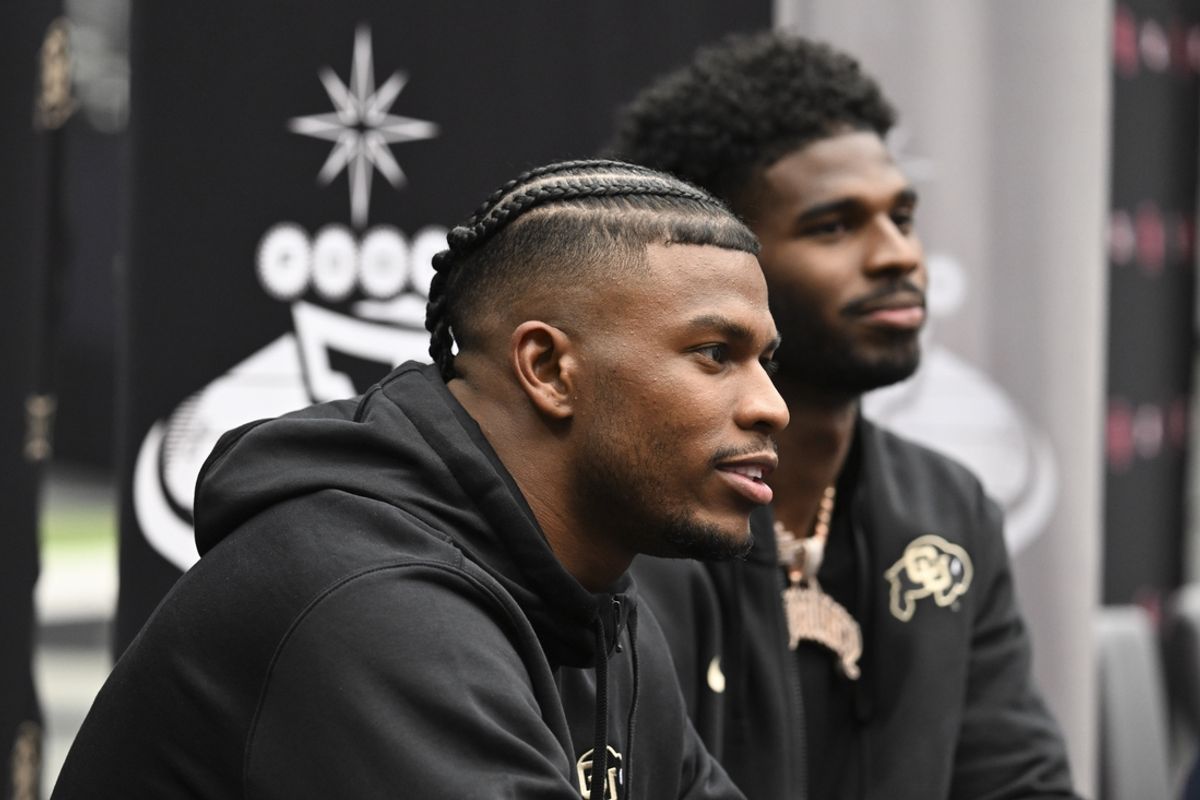 Jul 10, 2024; Las Vegas, NV, USA; Colorado Buffaloes safety Shilo Sanders speaks to the media during the Big 12 Media Days at Allegiant Stadium. Mandatory Credit: Candice Ward-Imagn Images