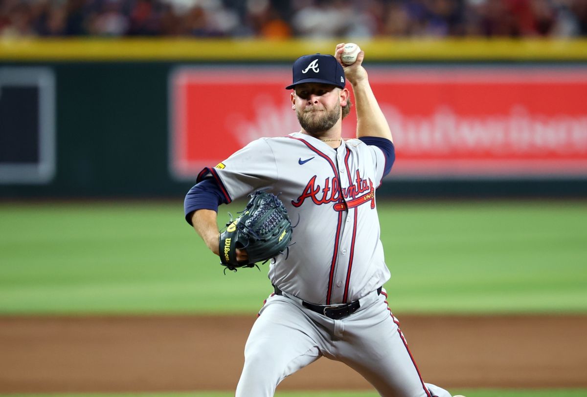 Jul 9, 2024; Phoenix, Arizona, USA; Atlanta Braves pitcher A.J. Minter against the Arizona Diamondbacks at Chase Field. Mandatory Credit: Mark J. Rebilas-USA TODAY Sports