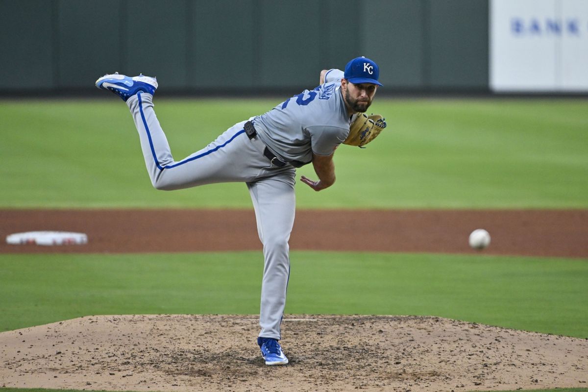 Jul 10, 2024; St. Louis, Missouri, USA;  Kansas City Royals starting pitcher Michael Wacha (52) pitches against the St. Louis Cardinals during the fourth inning at Busch Stadium. Mandatory Credit: Jeff Curry-USA TODAY Sports