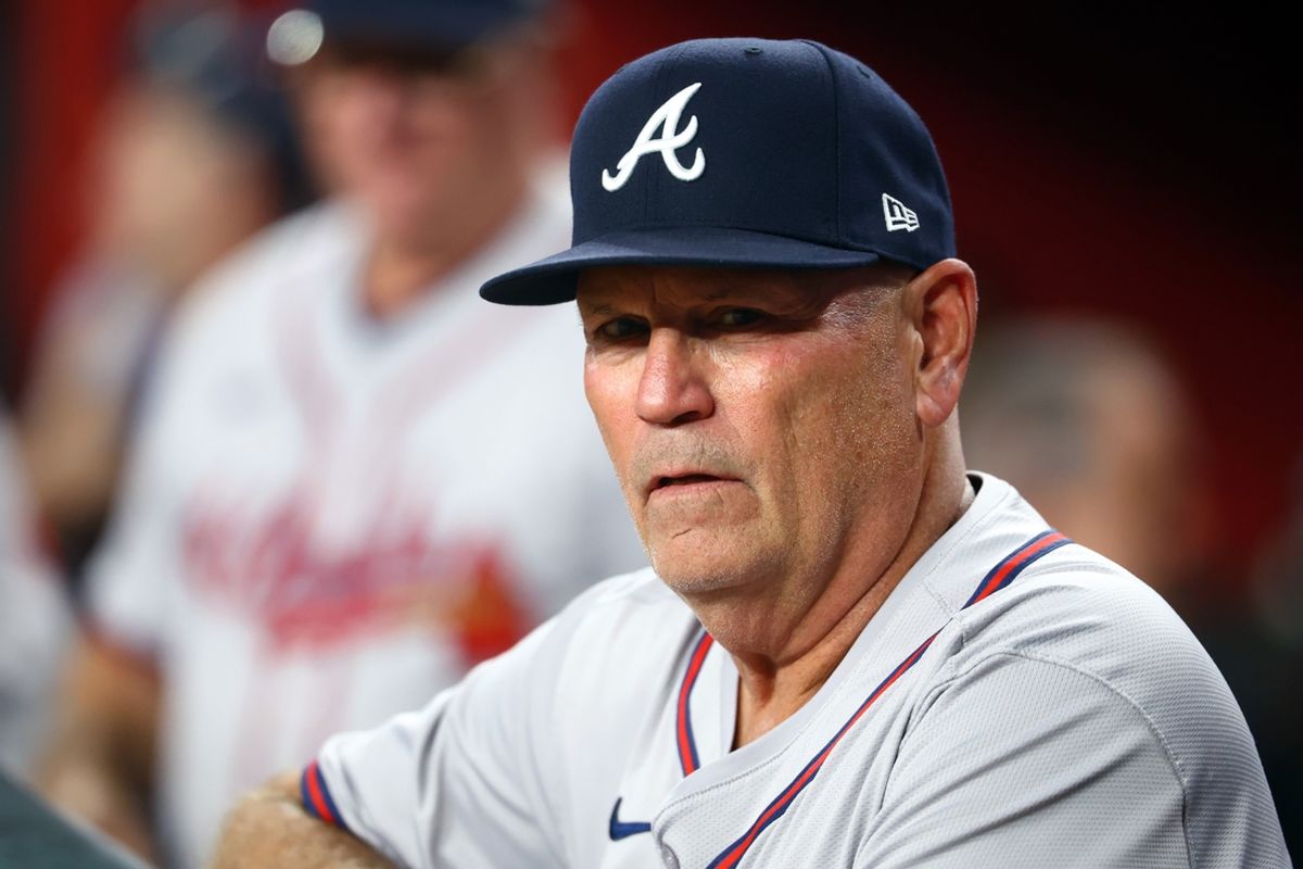 Jul 9, 2024; Phoenix, Arizona, USA; Atlanta Braves manager Brian Snitker against the Arizona Diamondbacks at Chase Field. Mandatory Credit: Mark J. Rebilas-USA TODAY Sports