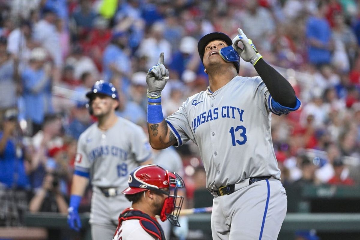 Jul 10, 2024; St. Louis, Missouri, USA;  Kansas City Royals designated hitter Salvador Perez (13) reacts after hitting a solo home run against the St. Louis Cardinals during the sixth inning at Busch Stadium. Mandatory Credit: Jeff Curry-USA TODAY Sports
