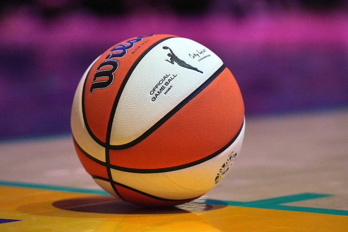 Jul 9, 2024; Los Angeles, California, USA; Detailed view of Wilson official WNBA Evo NXT basketball at Crypto.com Arena. Mandatory Credit: Kirby Lee-Imagn Images