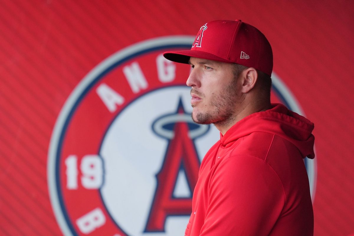 Jul 10, 2024; Anaheim, California, USA; Los Angeles Angels center fielder Mike Trout watches from the dugout during a game against the Texas Rangers at Angel Stadium. Mandatory Credit: Kirby Lee-USA TODAY Sports