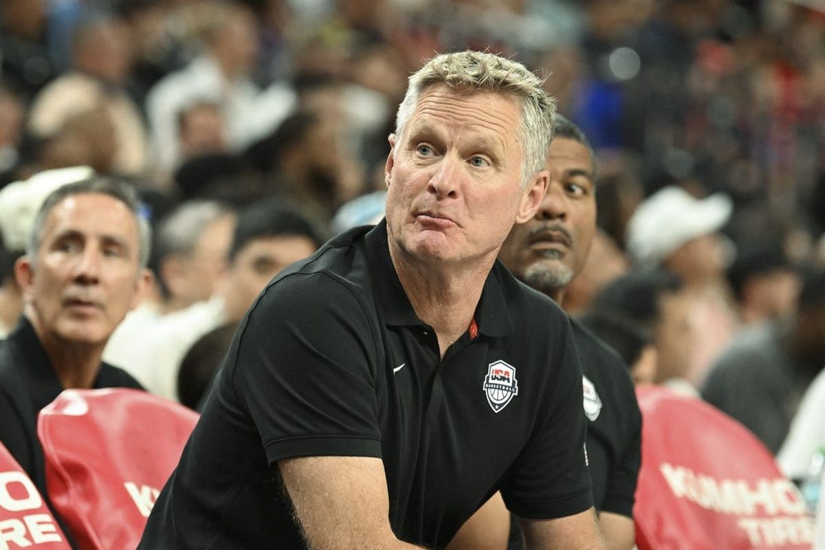 Jul 10, 2024; Las Vegas, Nevada, USA; USA head coach Steve Kerr speaks to a player on the bench in the fourth quarter against Canada in the USA Basketball Showcase at T-Mobile Arena. Mandatory Credit: Candice Ward-USA TODAY Sports