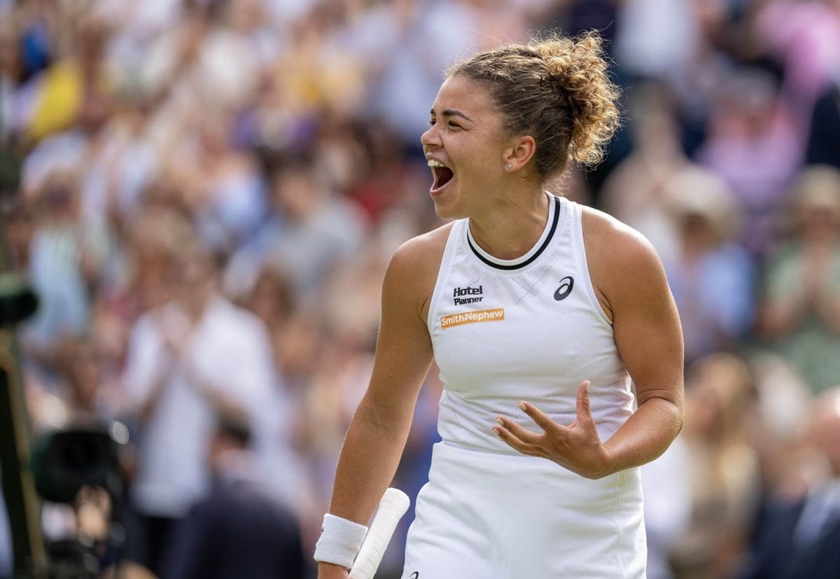 Jul 11, 2024; London, United Kingdom; Jasmine Paolini of Italy celebrates winning her match against Donna Vekic of Croatia (not shown) on day 11 at All England Lawn Tennis and Croquet Club. Mandatory Credit: Susan Mullane-USA TODAY Sports