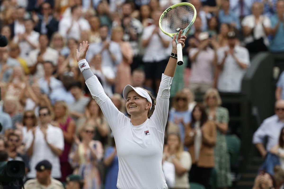 Jul 11, 2024; London, United Kingdom; Barbora Krejcikova (CZE) celebrates after her match against Elena Rybakina (KAZ)(not pictured) in a ladies' singles semifinal of The Championships Wimbledon 2024 at The All England Lawn Tennis Club. Mandatory Credit: Geoff Burke-USA TODAY Sports