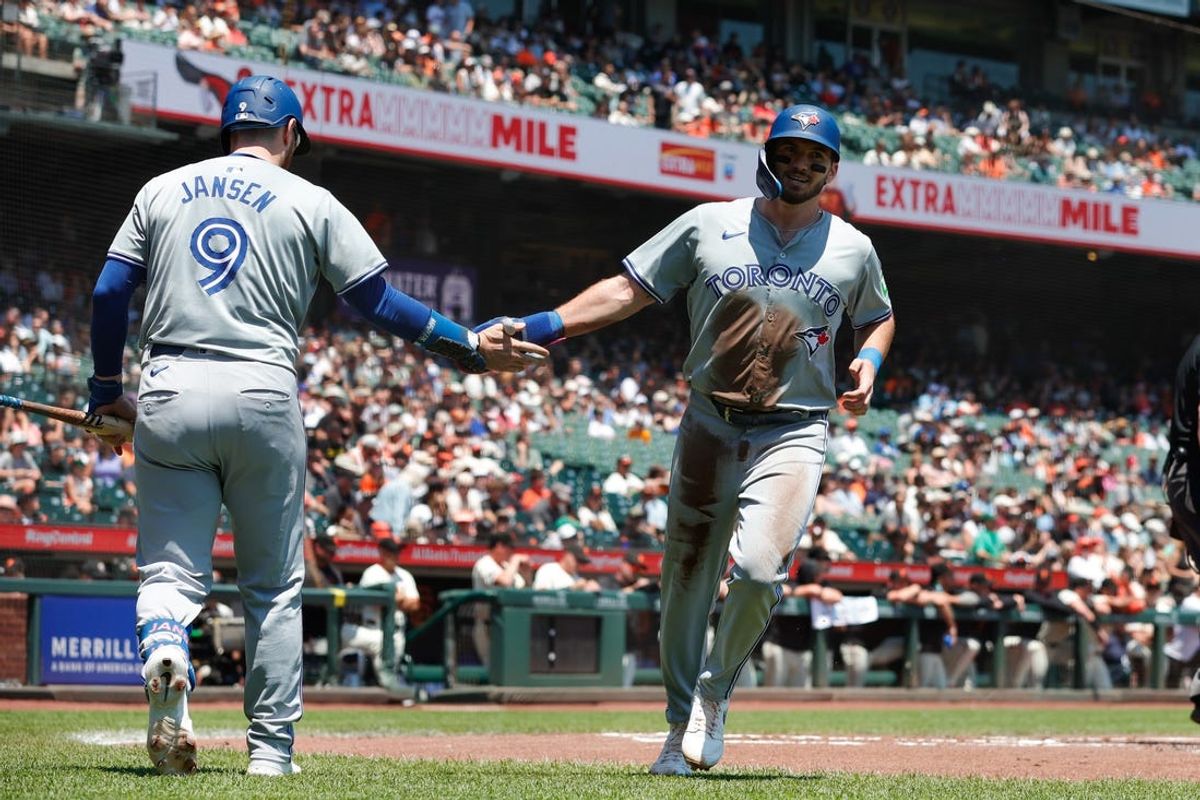 Jul 11, 2024; San Francisco, California, USA; Toronto Blue Jays second base Spencer Horwitz (48) scores a run during the first inning against the San Francisco Giants at Oracle Park. Mandatory Credit: Sergio Estrada-USA TODAY Sports