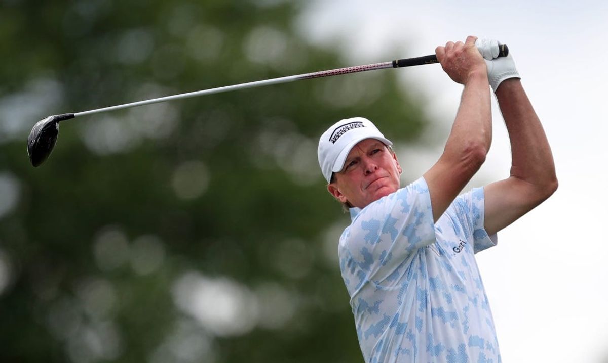 Steve Stricker watches his shot from the tee on the eighth hole during the first round of the Kaulig Companies Championship pro-am at Firestone Country Club, Thursday, July 11, 2024, in Akron, Ohio.