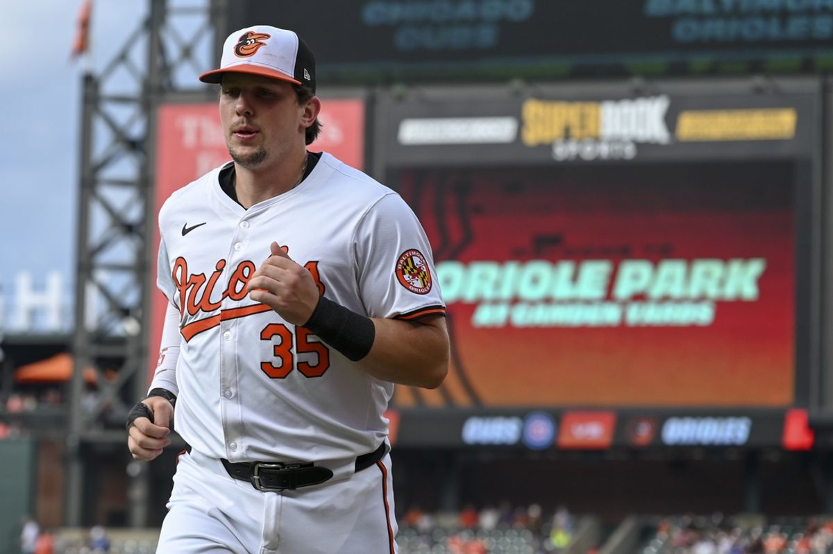 Jul 11, 2024; Baltimore, Maryland, USA;  Baltimore Orioles catcher Adley Rutschman (35) before the game against the Chicago Cubs at Oriole Park at Camden Yards. Mandatory Credit: Tommy Gilligan-USA TODAY Sports