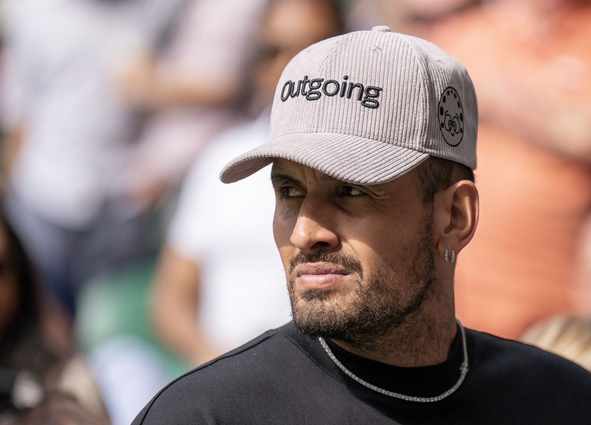 Jul 12, 2024; London, United Kingdom; Nick Kyrgios of Australia works for the BBC during a match between Novak Djokovic of Serbia and Lorenzo Musetti of Italy on day 12 at All England Lawn Tennis and Croquet Club. Mandatory Credit: Susan Mullane-Imagn Images
