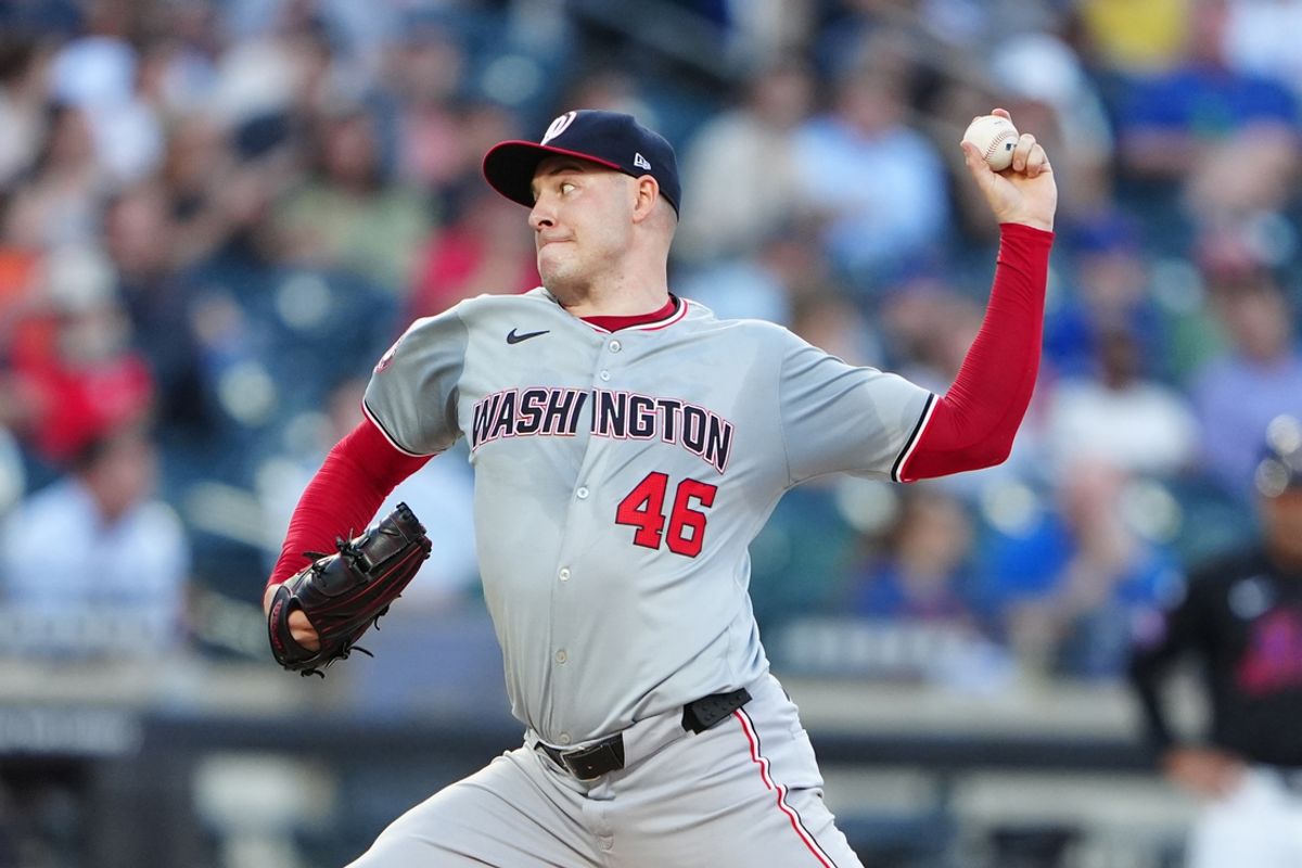 Jul 10, 2024; New York City, New York, USA;Washington Nationals pitcher Patrick Corbin (46) delivers a pitch against the New York Mets during the first inning at Citi Field. Mandatory Credit: Gregory Fisher-USA TODAY Sports
