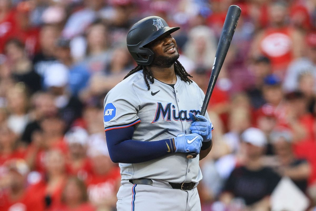 Jul 12, 2024; Cincinnati, Ohio, USA; Miami Marlins first baseman Josh Bell (9) reacts after striking out in the second inning against the Cincinnati Reds at Great American Ball Park. Mandatory Credit: Katie Stratman-USA TODAY Sports