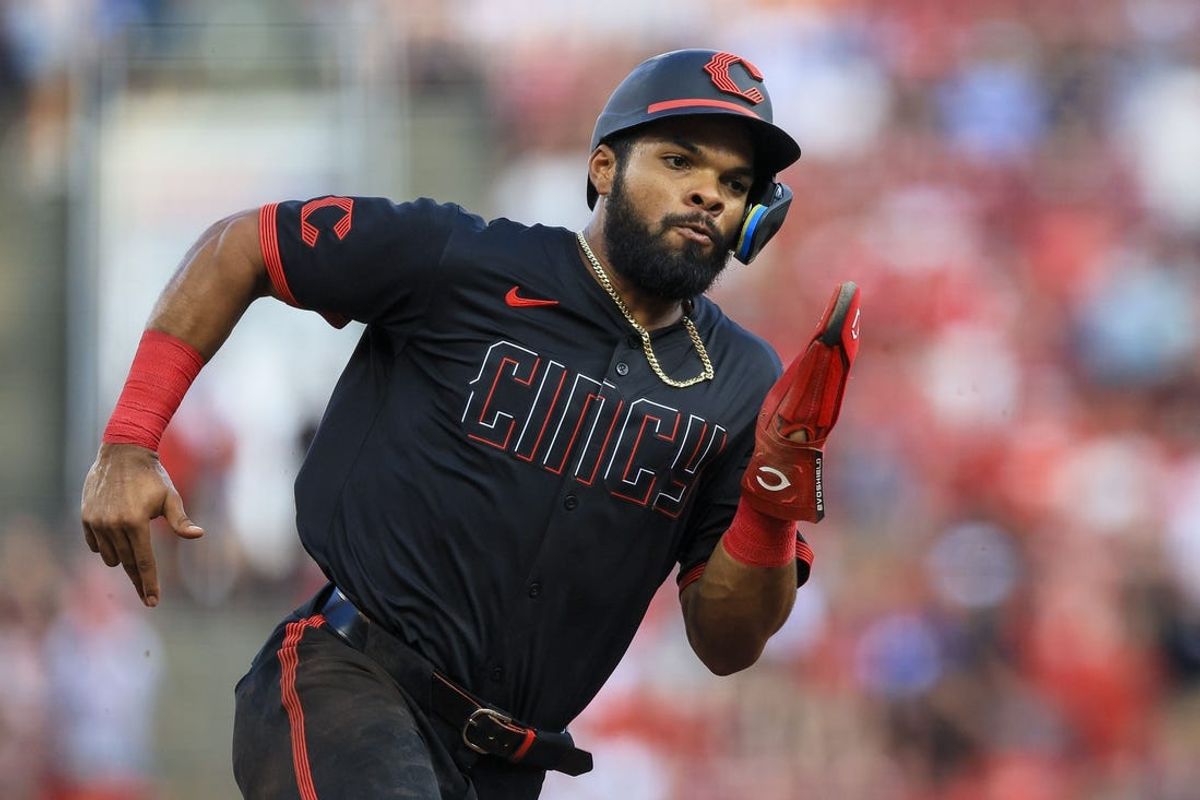 Jul 12, 2024; Cincinnati, Ohio, USA; Cincinnati Reds outfielder Rece Hinds (77) scores on a RBI double hit by outfielder Will Benson (not pictured) in the second inning against the Miami Marlins at Great American Ball Park. Mandatory Credit: Katie Stratman-USA TODAY Sports
