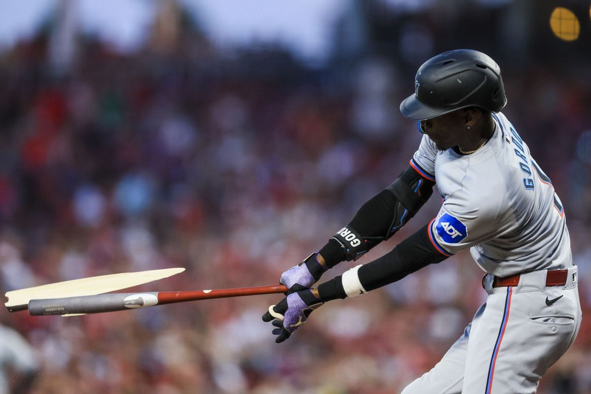 Jul 12, 2024; Cincinnati, Ohio, USA; Miami Marlins outfielder Nick Gordon (1) breaks his bat after hitting a single in the seventh inning against the Cincinnati Reds at Great American Ball Park. Mandatory Credit: Katie Stratman-USA TODAY Sports