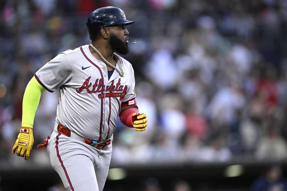 Jul 12, 2024; San Diego, California, USA; Atlanta Braves designated hitter Marcell Ozuna (20) rounds the bases after hitting a home run against the San Diego Padres during the fifth inning at Petco Park. Mandatory Credit: Orlando Ramirez-USA TODAY Sports